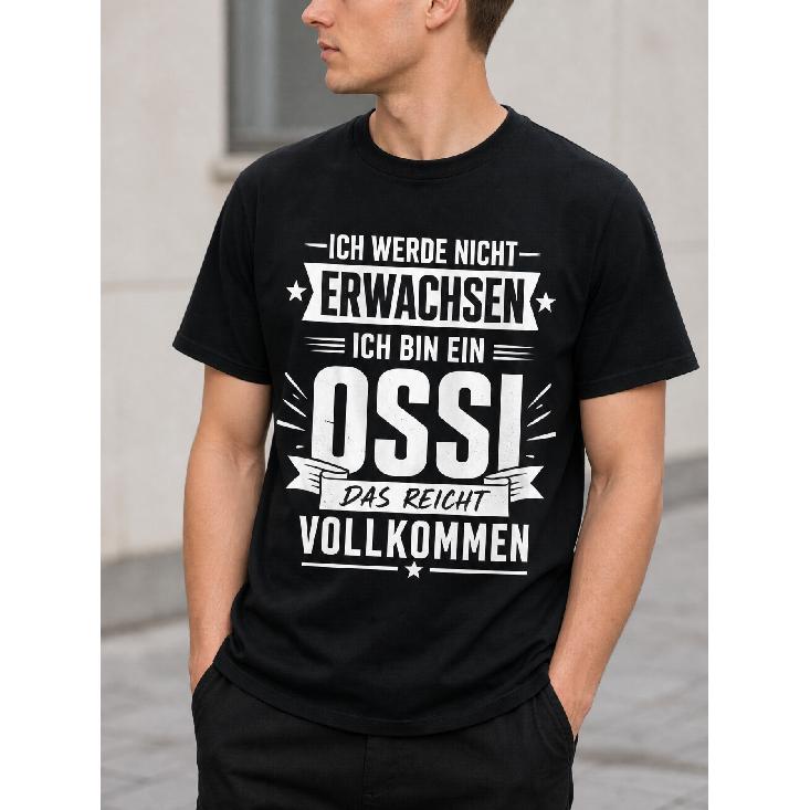 Men's Black Short Sleeve Crew Neck T-Shirt with German Ossi Graphic Print, Relaxed Fit Cotton Blend Top for Casual Daily Wear and Cultural Expression