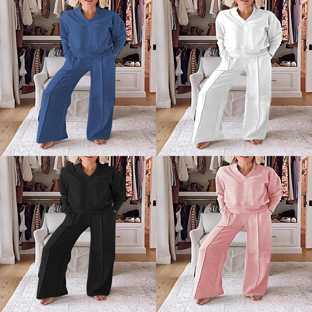 Relaxed Women Sweater And Wide Leg Pants Set With Ribbed Detail For Casual Fall Wear