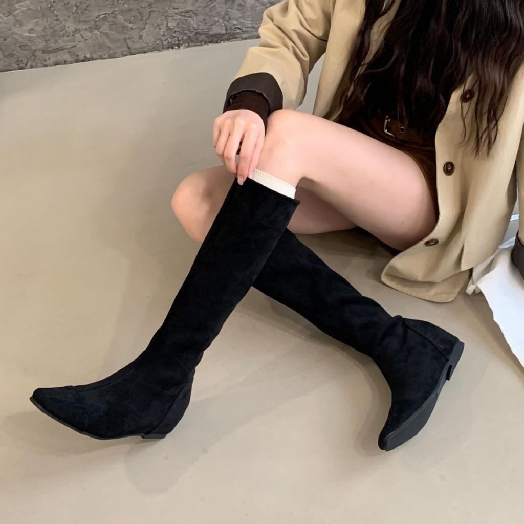 2025 new autumn suede round head inner slope heel thin but knee knight tall women's boots