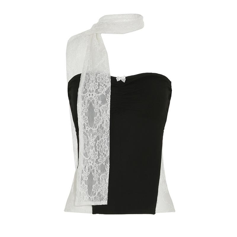

Женский кружевной шарф в стиле пэчворк с вытиранием на груди, цветной бант, сексуальный, талия закрыта, короткий топ M чёрный
