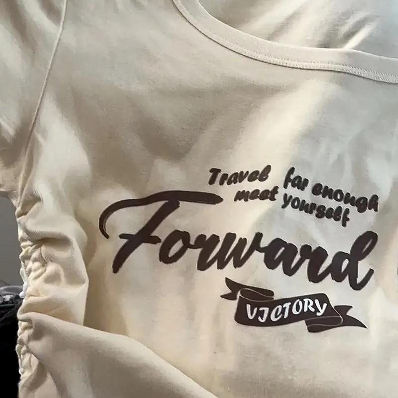 Retro Drawstring Crop Top Women Short Sleeve T Shirt Vintage Summer Clothes