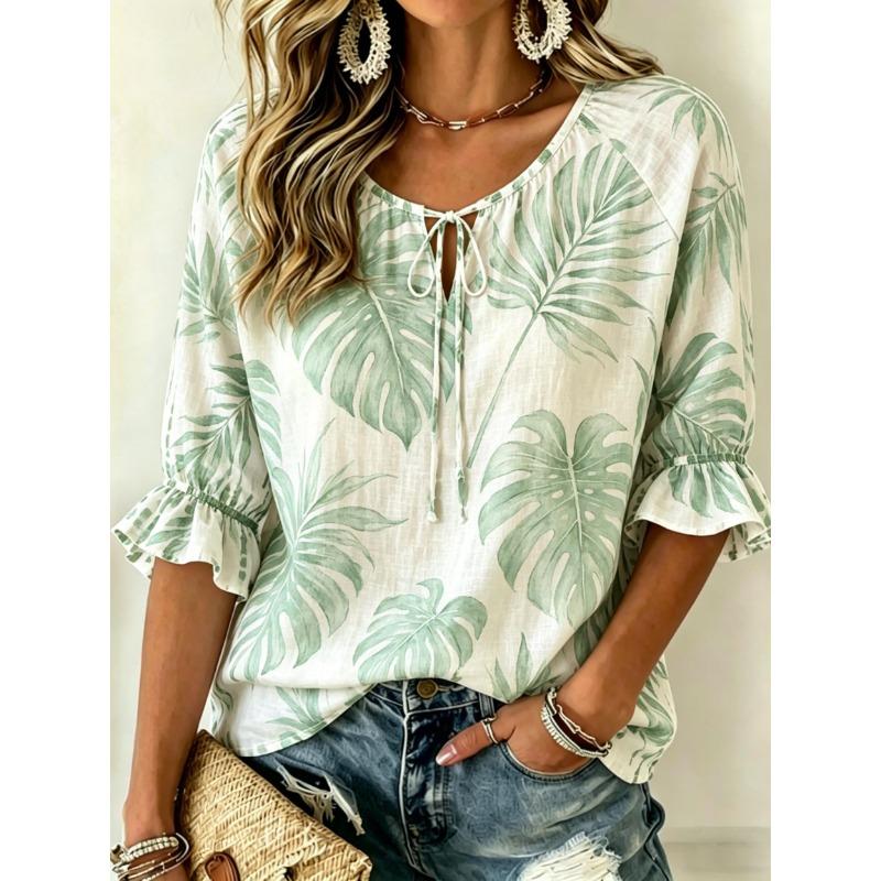 Women s Tropical Palm Leaf Print Blouse V Neck Tie Ruffle 3/4 Sleeve Cotton Linen Relaxed Summer Beach Casual Top S