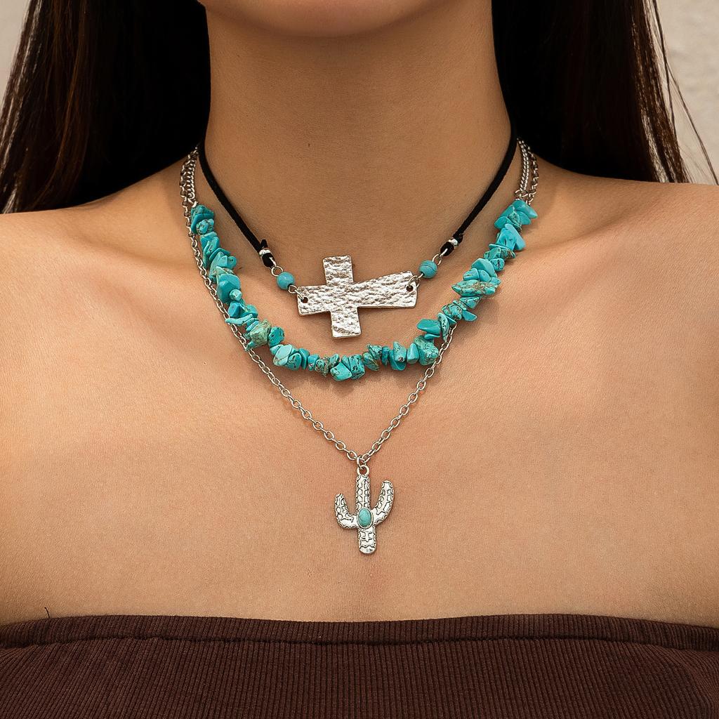 Jewelry Retro Imitation Turquoise Cow Head Collarbone Chain Beaded Necklace Set Ethnic Style Cactus Necklace Decoration