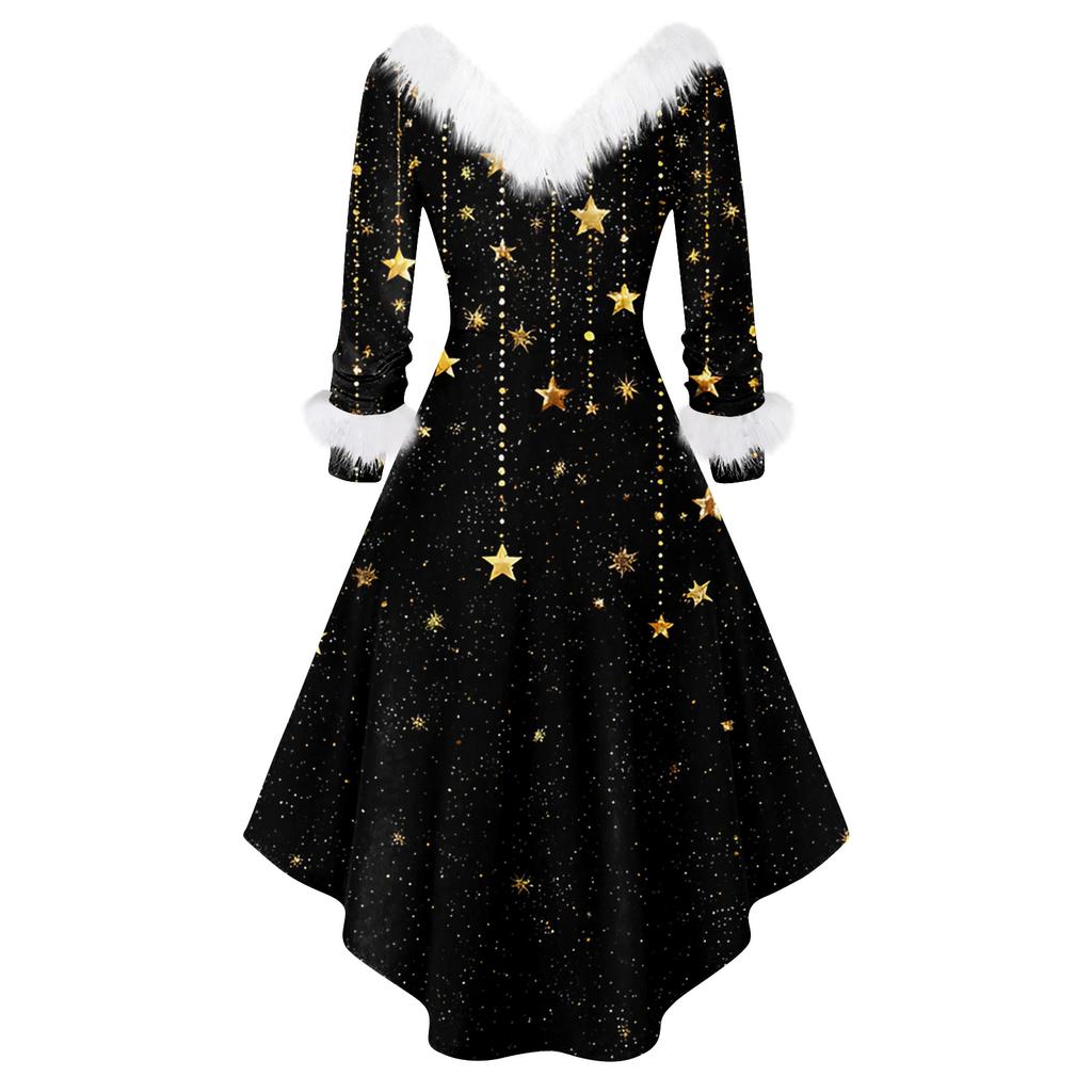 Abito da festa da donna alla moda casual aderente con stampa natalizia a maniche lunghe