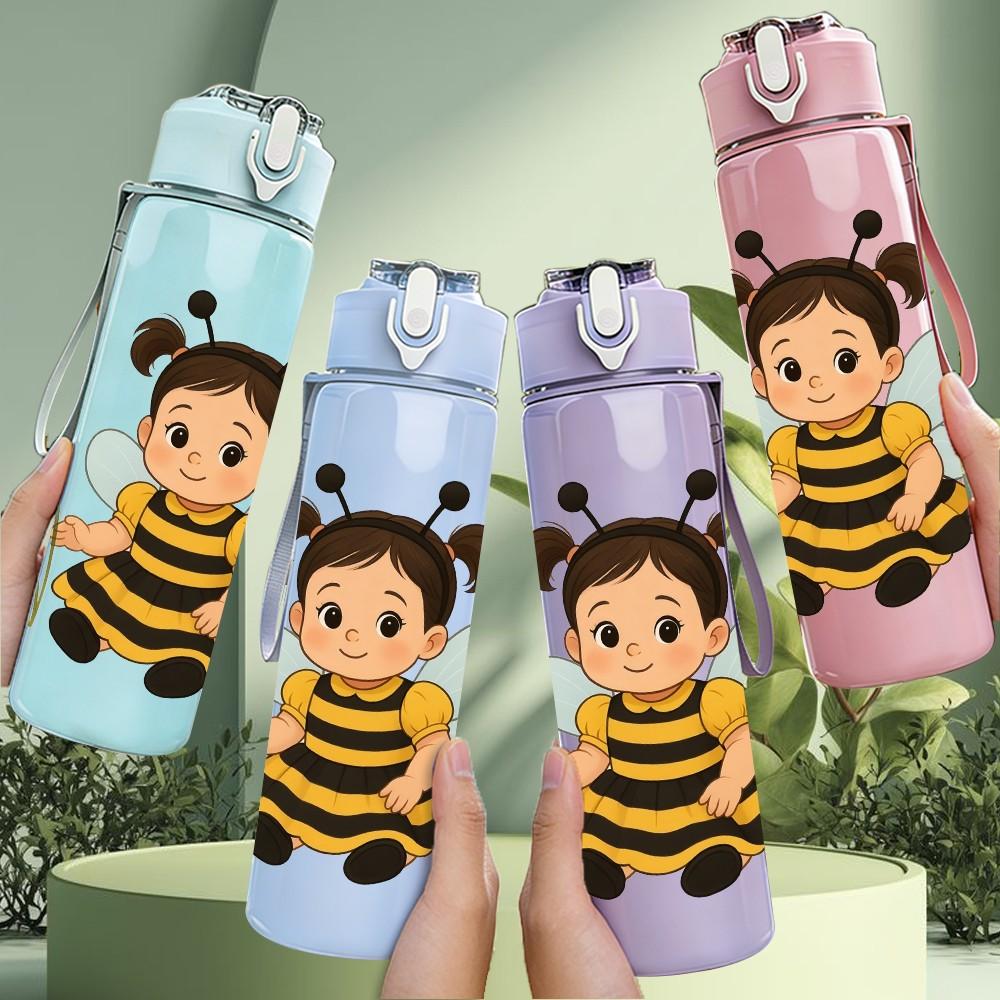 1PC Girl Bee Costume Cartoon Print 750ml Color Plastic Sports Water Bottle Leakproof Flip Straw Lid Suitable for Sports Office Home Use