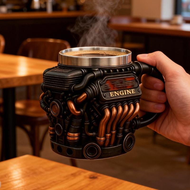 Engine Design Coffee Mug Detailed Stainless Steels Lining Mechanical Cup Hot and Cold Drink Container for Car Enthusiasts