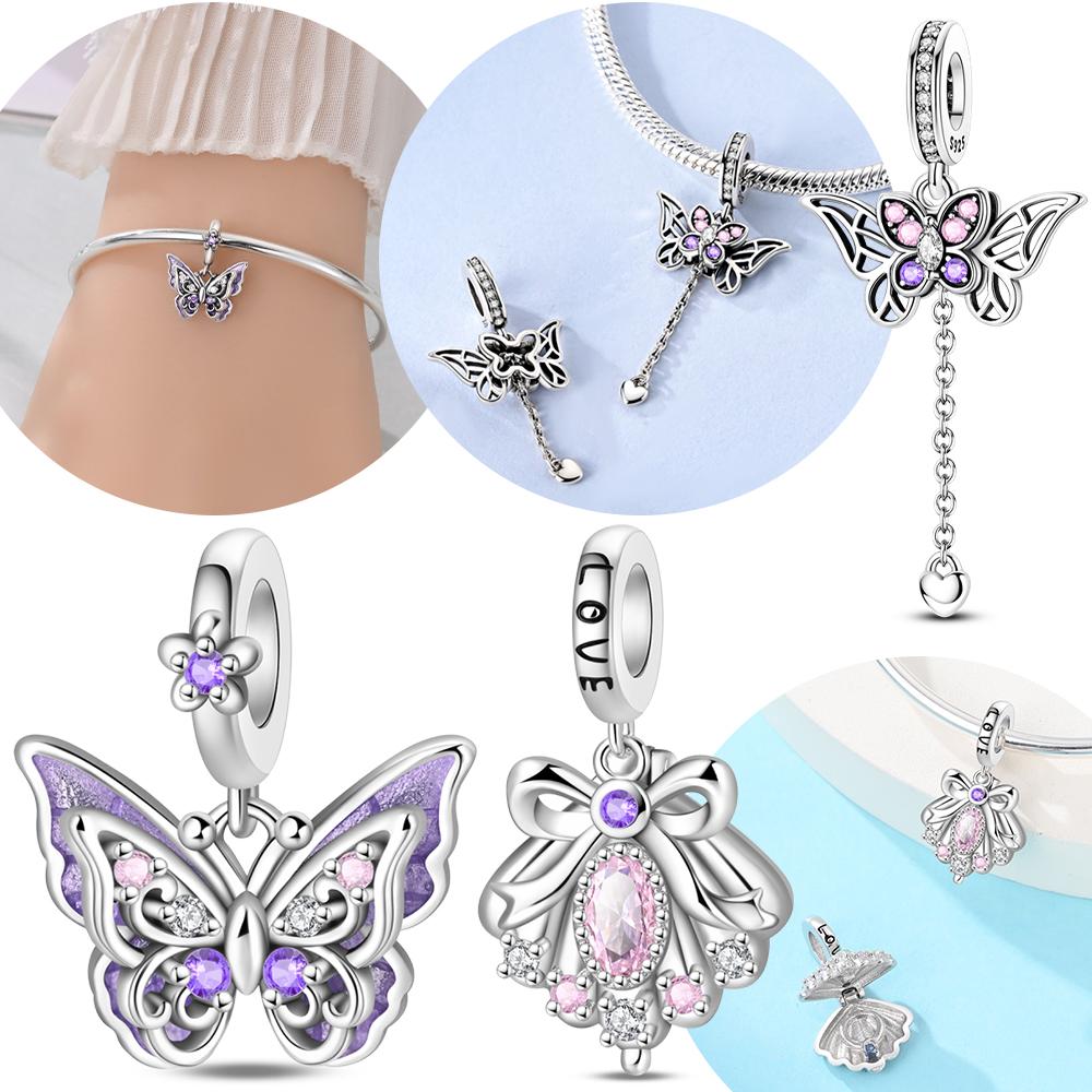 Purple Luminous Butterfly Tassel Pendants Pink Bow Oval Zircon Genuine Copper Bead Fits Bracelets Women Jewellery DoItYourself Accessory