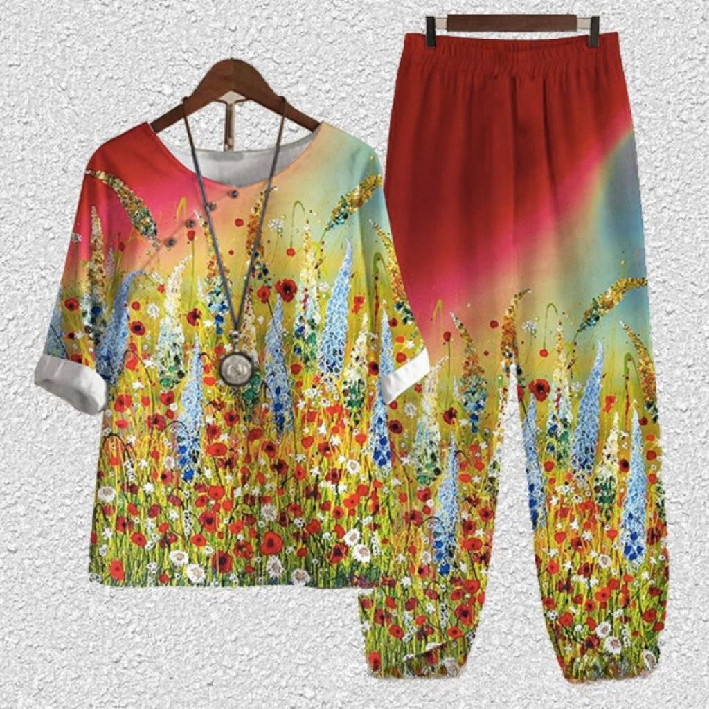 Women's Loose Fit Floral Printed Two Piece Outfit Half Sleeve T-Shirt Elastic Waist Pantsuit