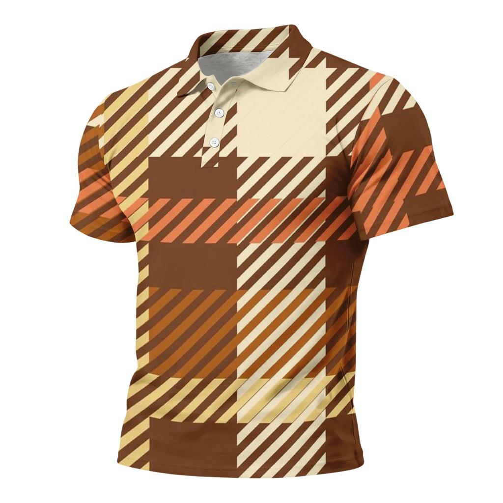 Men’s Loose Fit Casual Plaid Print Short Sleeve Polo Shirt with Turn Down Collar for Everyday Wear