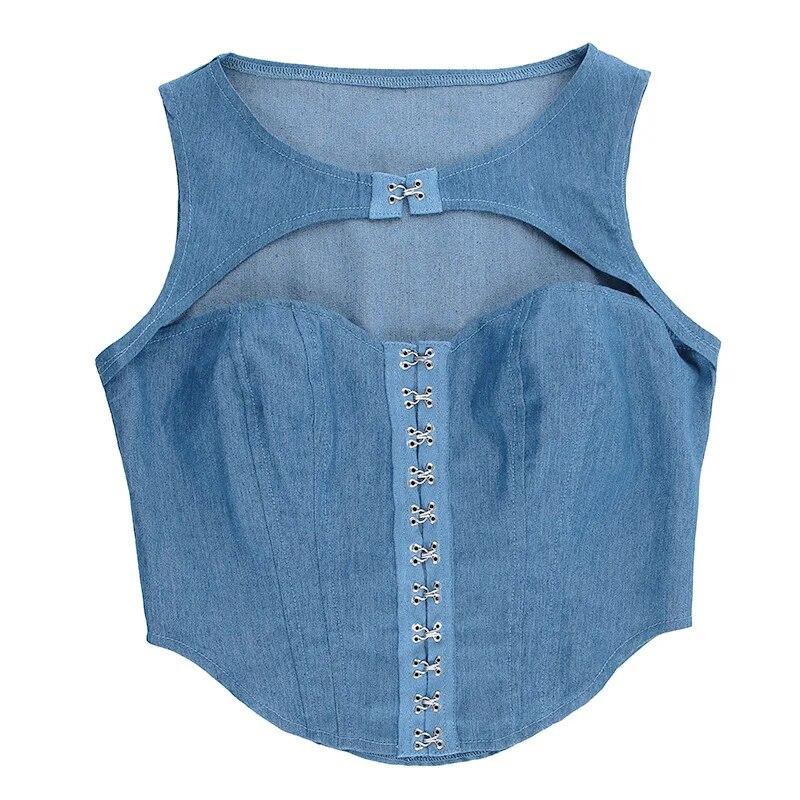 

Винтажный синий джинсовый ажурный сексуальный топ на бретелях для женщин, модные укороченные топы без рукавов, женские шикарные облегающие корсетные майки с пряжкой 30726 L синий