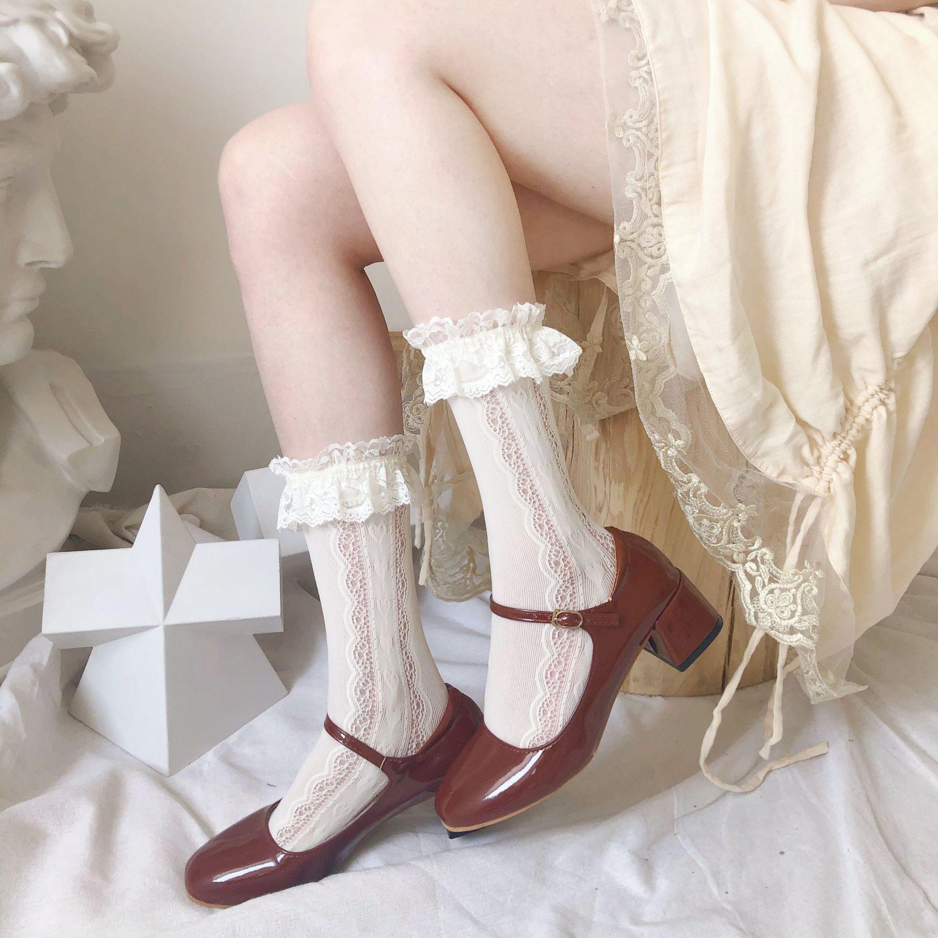 Japanese Lace Lolita Calf Socks Lolita Summer And Autumn Thin Bow Mid Tube Jk Pure Desire Style one size