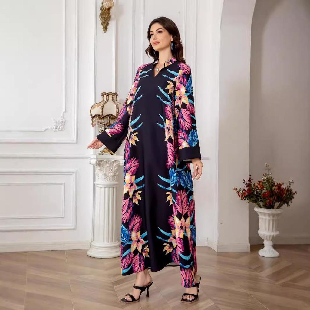 0808 Cross-Border Muslim Women's Printed Long Robe Dress - Middle East & Western Styles
