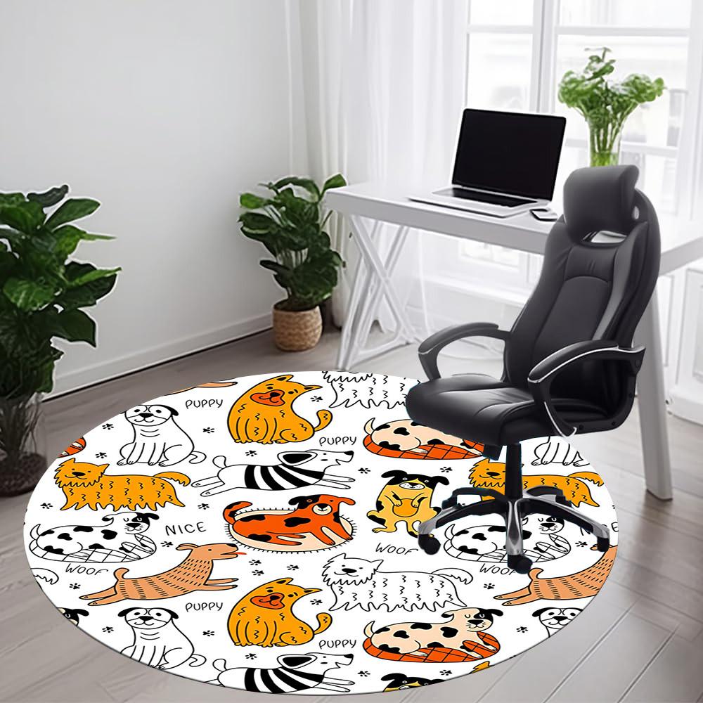 1PC Dogs Puppies Office Round Area Rug, Mat Suitable For Office, Under Office Chairs Bedroom Living Room Home Decor, Room Deco