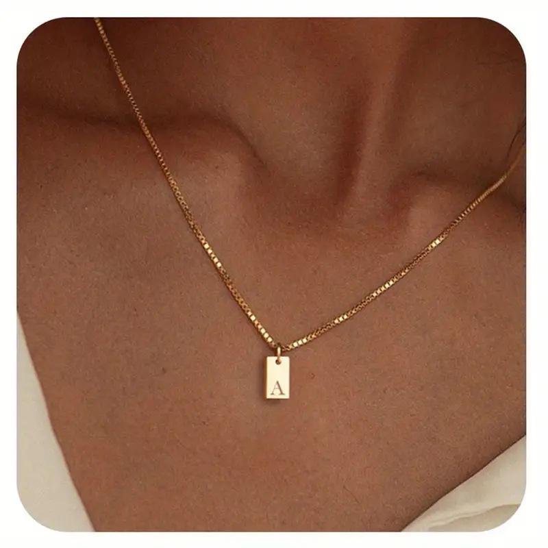 Exclusive 18K Gold Vacuum-Plated Stainless Steel Engraved Square Pendant Necklace with Alphabet Letters