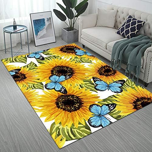 Beautiful Sunflowers and Blue Butterflies Pattern Area Rug,Modern Flannel Microfiber Non-Slip Floor Mat Carpet,