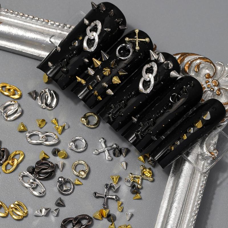 12 Grids Alloy Nail Charms Punk Y2K Metal Parts Manicure Rivet Chain Nail Tip Decoration Retro Circle Nails Supply DIY Crafts