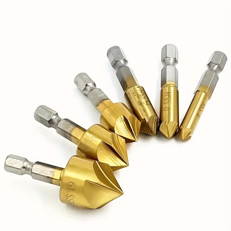 

Titanium Coated 6PC Hex Shank HSS 5-Blade Countersink Drill Bits Set - High Speed Steel for Woodworking Deburring and Chamfering