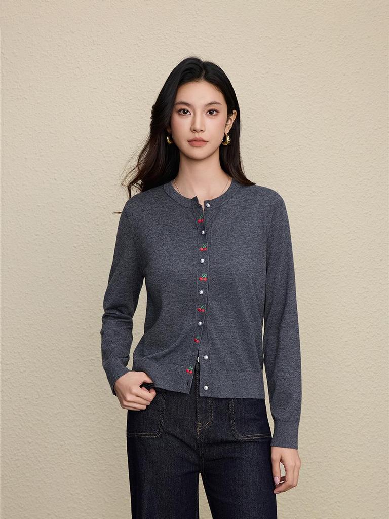 Romantic Cherry Embroidered Wool Knit Cardigan - Women's French Style
