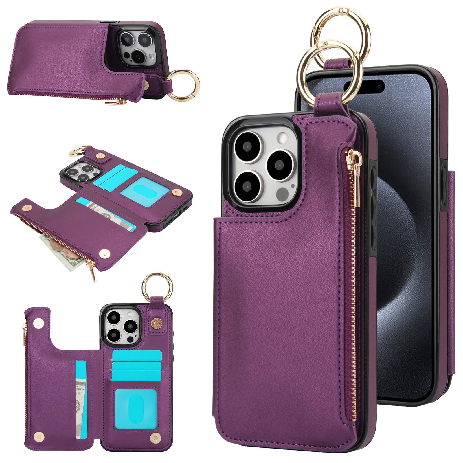 

Zipper Card Solt Wallet Ring Holder Leather Case For iPhone 15 Pro Max 16 Plus 14 13 12 11 Double Buckle Magnetic Rfid Bag Cover For iPhone 12Mini темно-фіолетовий колір