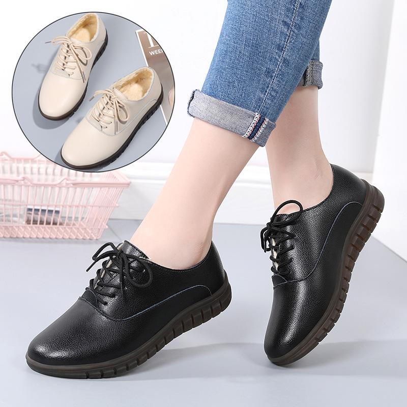 New Genuine Leather Women's Shoes for Spring and Autumn, Comfortable Soft Sole Middle-aged Mother's Shoes Casual Thick Sole Large-size Single Shoes