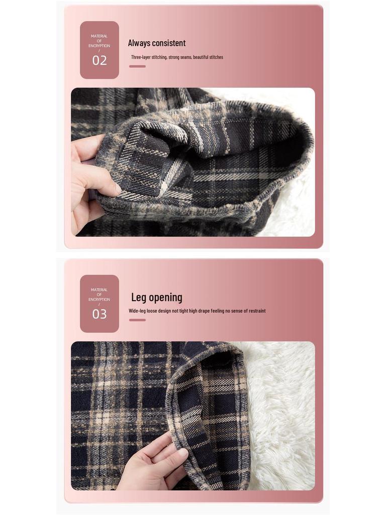 Women's Plaid Velvet-Lined Wide-Leg Pants - Autumn/Winter 2025 Retro Style