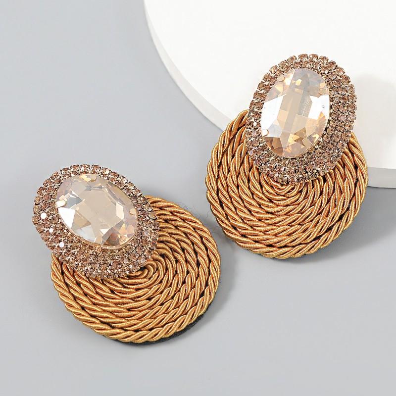 Alloy Rhinestone Oval Glass Stud Earrings Women Stretch Cord Circular Fashion Ear Jewelry In White Green Black Rose Gold