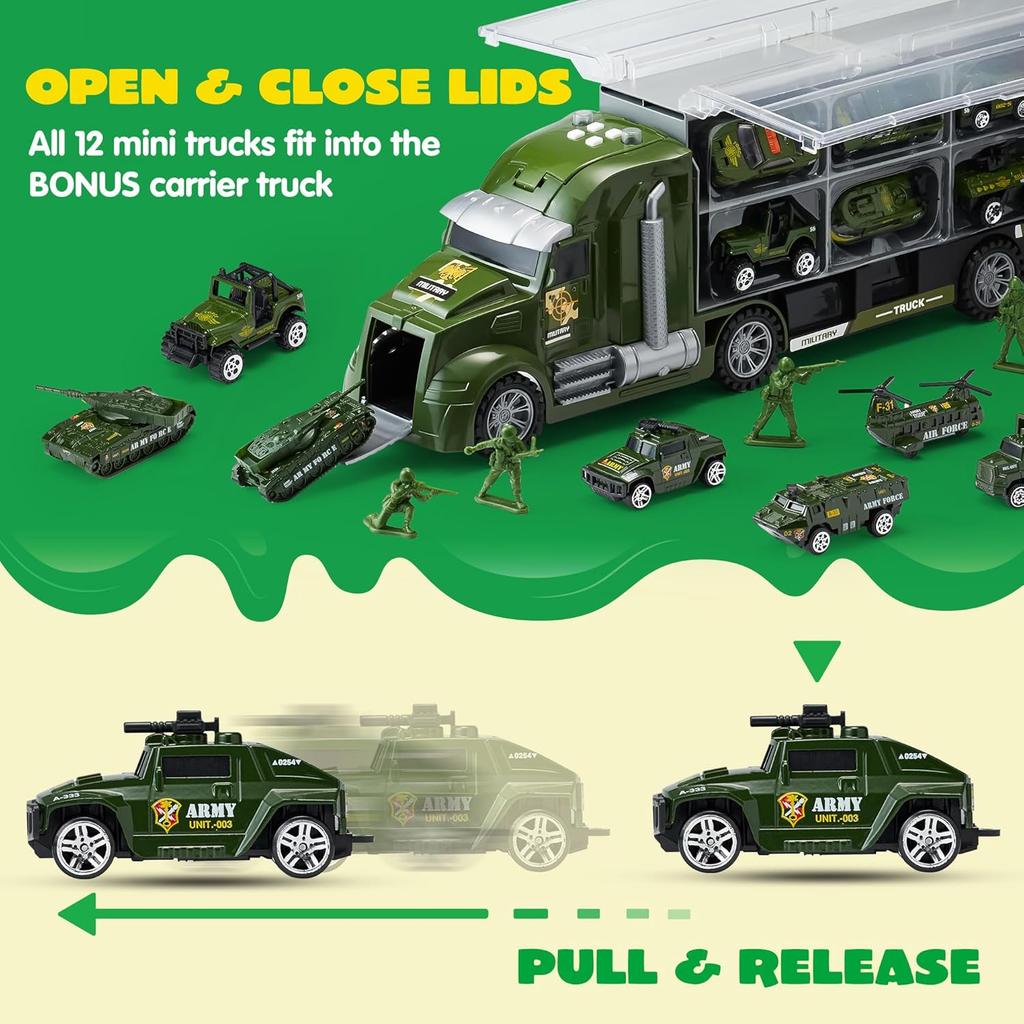 JOYIN 25 in 1 Green Military Big Truck Toys Army Men Tanks Set with Soldier Men Battle Car Toy in Carrier Truck for Boys Gifts
