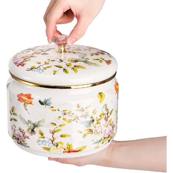 Elsjoy Vintage Enamel Canister with Lid, 81 oz Large Enamel Storage Container Floral Cookie Jar, Farmhouse Kitchen Canister for Sugar, Tea, Candy