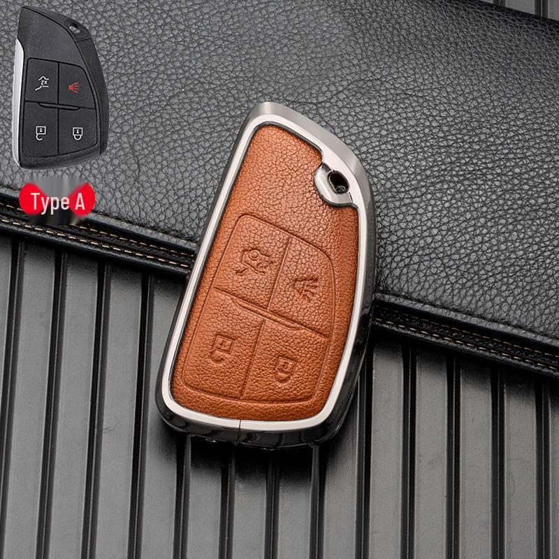 Leather Alloy Key Case for 2021-2022 Buick Envision - Metal Full Wrap, Double-Sided Protection