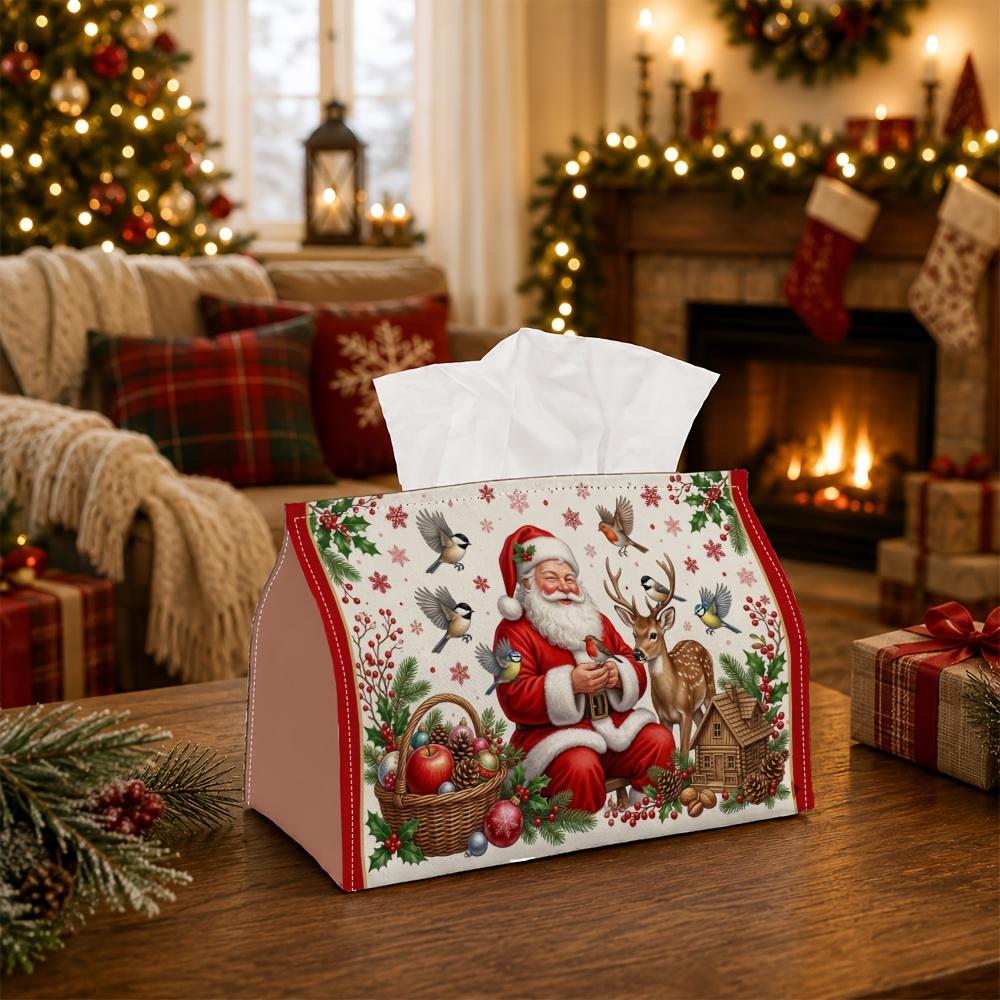 1pc Classic Vintage Holiday Tissue Box - Santa Claus Deer Bird Napkin Storage Box, Suitable for Rolls/Facial Tissues/Single Sheets, Available for Chri