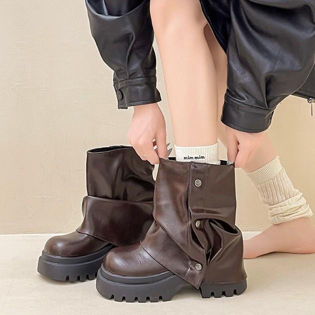 Sense of design British leather boots Rivet stacking boots Women's autumn and winter fashion thick-soled thin thick-heeled high-heeled Martin boots