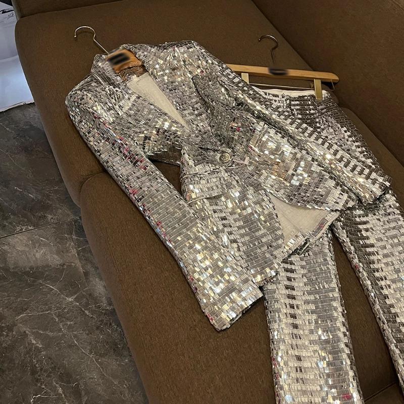 Solid Sequin Two Piece Sets Women Lapel Long Sleevel High Waist Pants Elegant Set Fashion