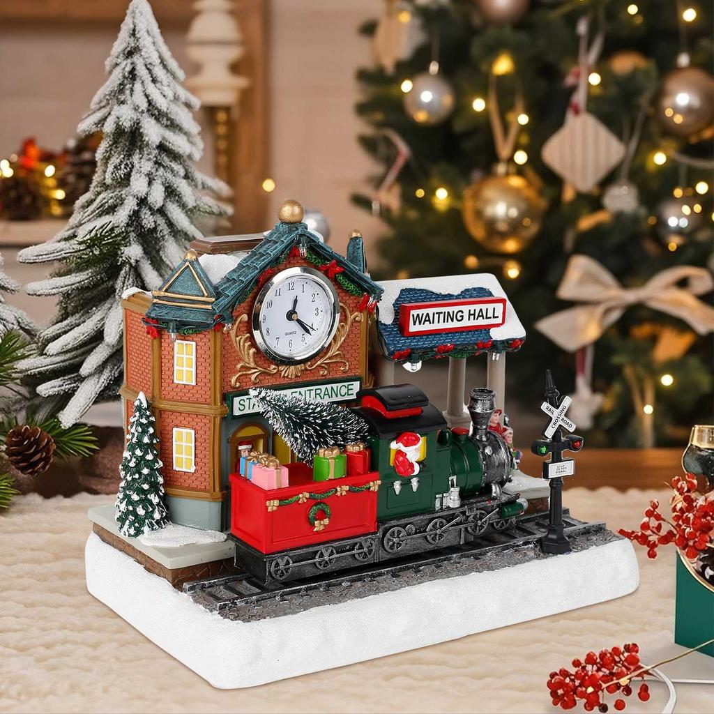 Animated Christmas Village Scene with Moving Train and Clock LED Lights Music & Train Station Holiday Building Indoor Decoration