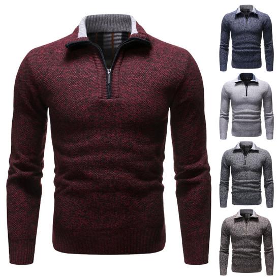 Ribbed Cuffs Long Sleeve Knitted Sweater Shrink Resistant Zipper Neck Lapel Winter Sweater Male Clothing