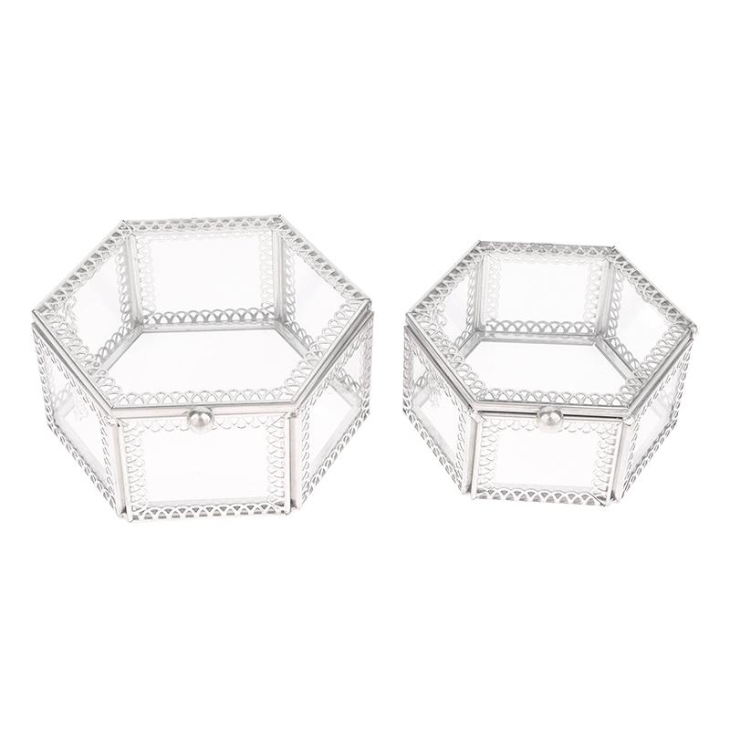 Hexagon Transparent Glass Storage Box Jewelry Ring Earring Beads Coins Display Case Keepsake Organizer Tabletop Container
