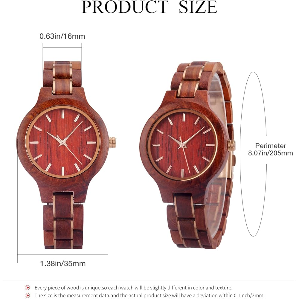 Wooden Time Women's Watch 35mm Lightweight Natural Sandalwood Quartz Casual Business Gift Red