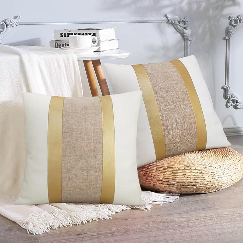 Faux Leather and Cotton Throw Pillow Covers 18x18 Inch Set of 2 Black and White Decorative Pillow Covers with Gold Stripe Patchwork Modern Farmhouse