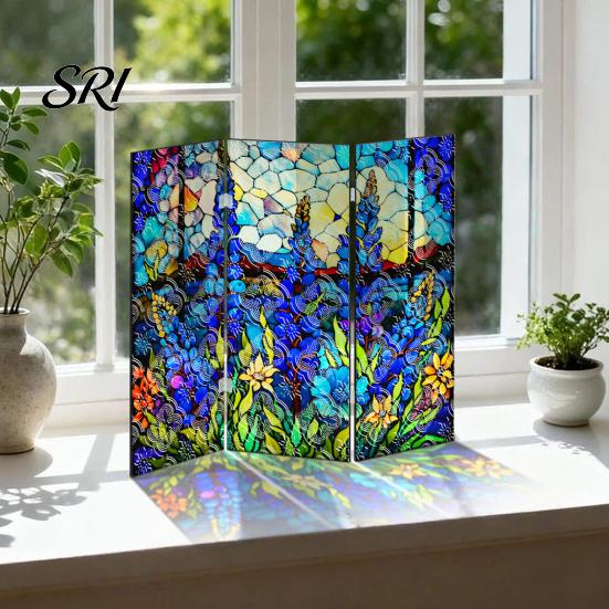 Colorful Folding Screen Mini Decorative Stained Glass Effect 3 Panel Divider Acrylic Desktop Office Desk Decoration Ornament for Home Living