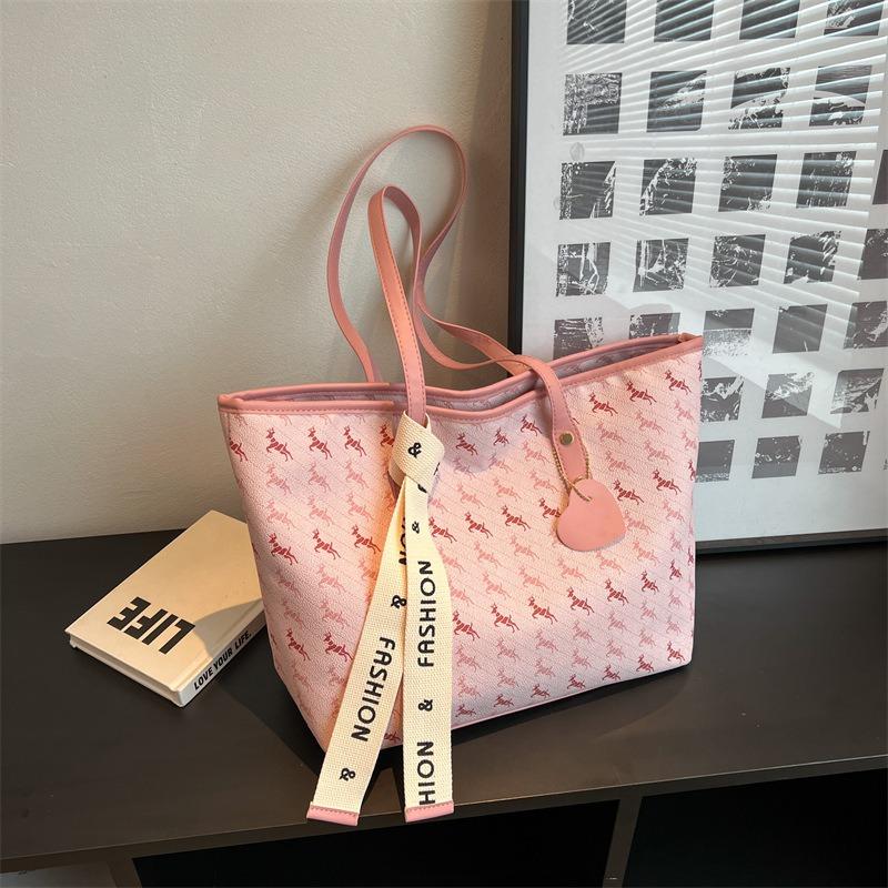 New Trendy Printing Large-capacity Tote Bag Shoulder Ribbon Commuter Bag Bucket Bag Handbag