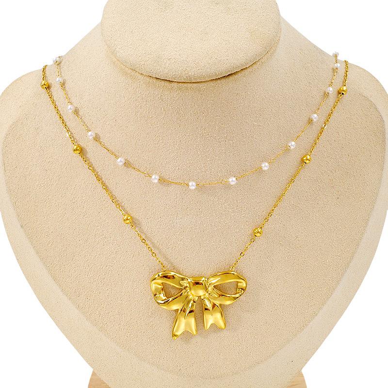 Elegant Gold Plated Double Layer Bow Pendant Necklace for Women - Titanium Steel Clavicle Chain, European American Style