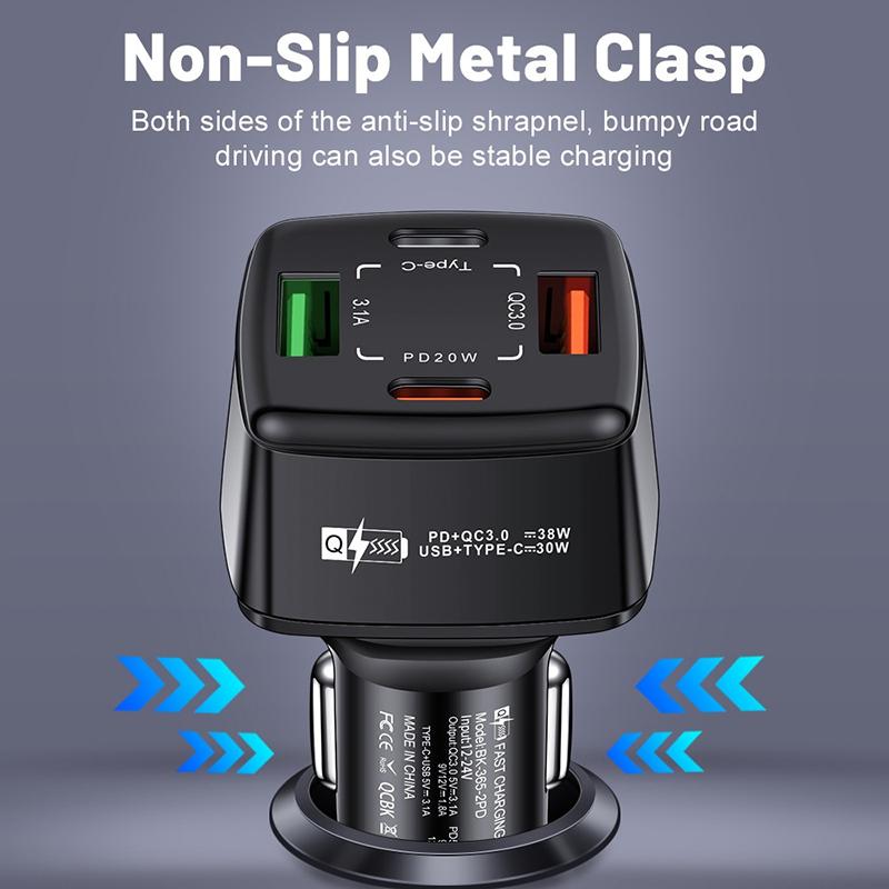 38W Car Charger 2 Usb 2 Pd Type C Fast Charging 3.1A Phone Charge Qc 3.0 Quick Charger Adapter For Iphone 16 15 Laptops Tablets
