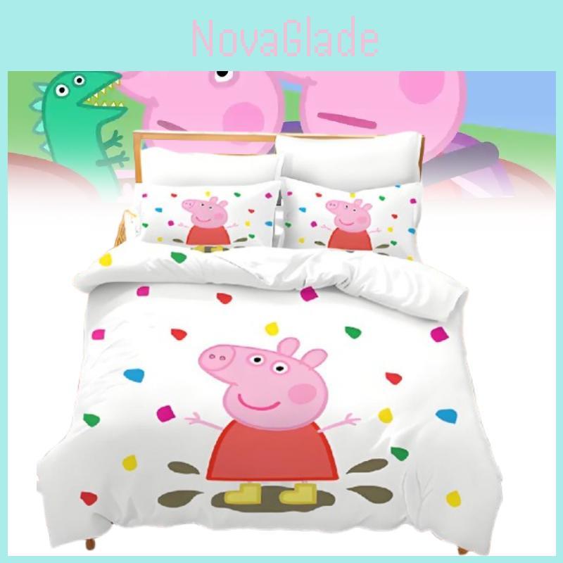 Cartoon Peppa Pig Digitaldruck Bettwäsche-Set mit Daunenbettbezug zur Schlafzimmerdekoration