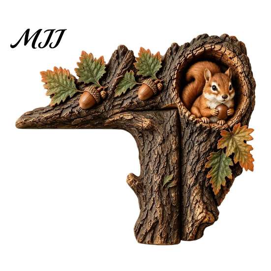 Christmas Classroom Decoration Woodland Chipmunk Door Topper, Resin Tree Hollow Corner Decor with Oak Festive Wooden Ornament Leaves, Cute Forest
