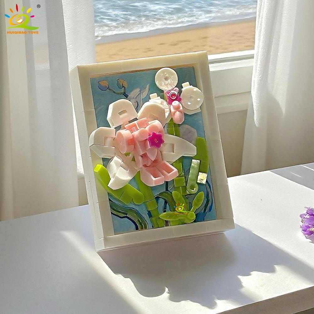 MOC Flower Po Frame Model Micro Building Block Sunflower Rose Mini Diamond Brick Toy for Children Desk Decor.