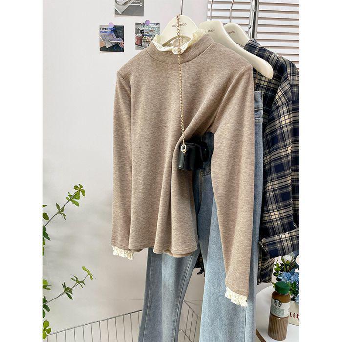 

Женская футболка с оборками, высоким воротником и длинными рукавами - Коллекция осень/зима 2025 Extra Large хаки