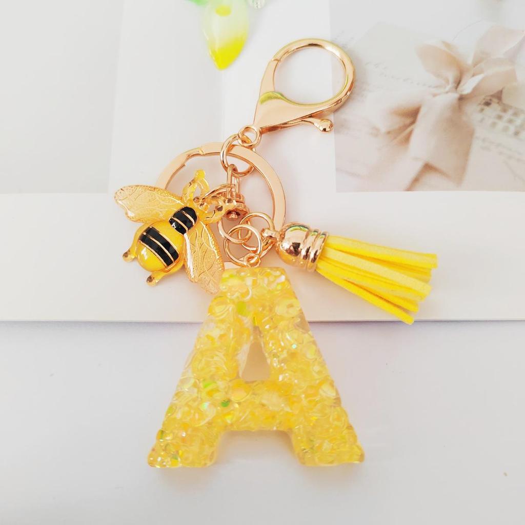 Yellow Bee Resin Glitter Letter Keychain Pendant Ornament