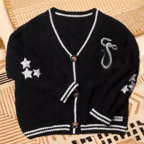 

Женский свитер-пальто с v-образным вырезом и длинным рукавом с вышивкой и звездным узором, вязаный свитер с контрастными манжетами, однобортный вязаный кардиган S чёрный