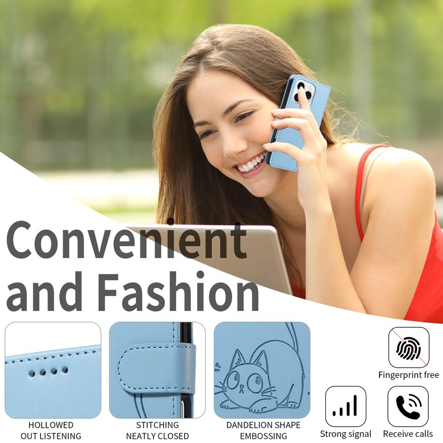 Embossed Butterfly and Cat Flip Case with 3 Card Slots and Stand for iPhone/Samsung/Xiaomi Redmi PU Leather Phone Wallet Case with Hand Strap