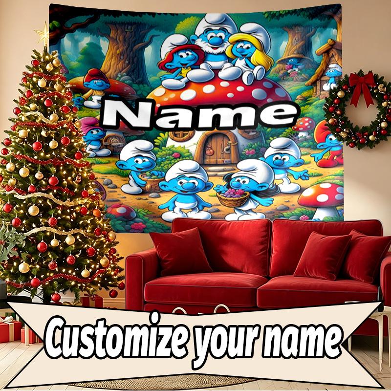 Custom Name Personalized Blue Smurfs Print Tapestry, Wall Art Decor, Bedroom, Dorm, Apartment, LivingRoom, Party Backdrop, Gift for Birthday