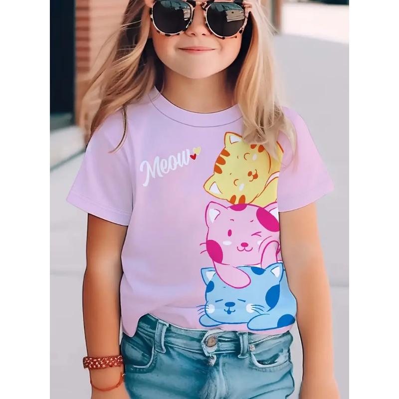 Children's Short Sleeved T-shirt Girls' Round Neck Summer Cat Print Fashionable Casual Versatile T Shirt